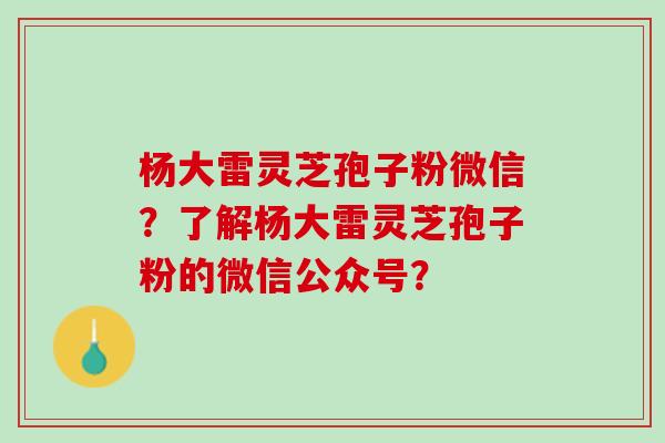 杨大雷灵芝孢子粉微信？了解杨大雷灵芝孢子粉的微信公众号？