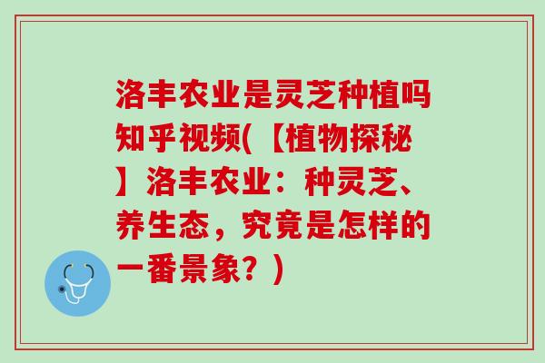洛丰农业是灵芝种植吗知乎视频(【植物探秘】洛丰农业：种灵芝、养生态，究竟是怎样的一番景象？)